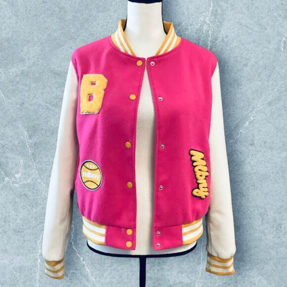 Daisy Women's Varsity Patch Casual Bomber Jacket in Pink/Multi  XL - Picture 3 of 9